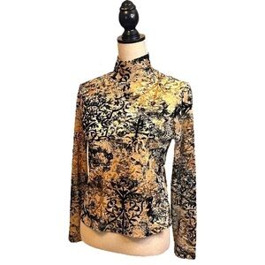 St. John Collection Designer Mock Neck Abstract Print Body Conscious Top in Gold